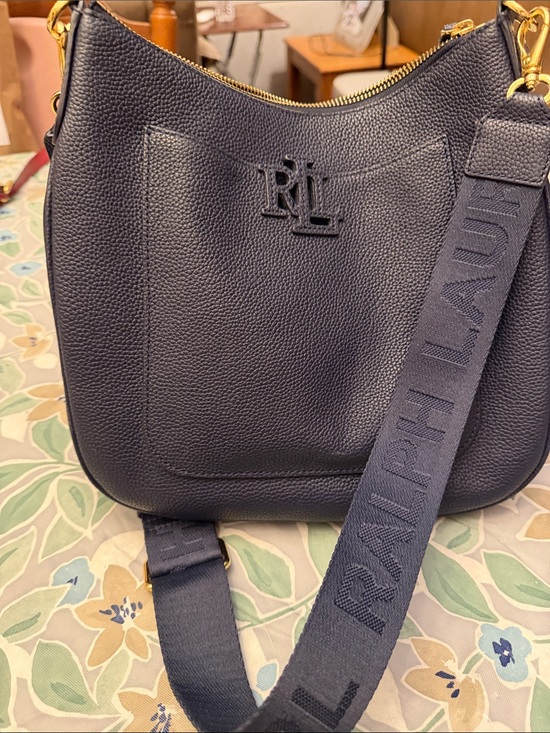 Ralph Lauren Handbags - Ralph Lauren Pebbled Leather Shoulder Hobo in Navy with Logo Strap
